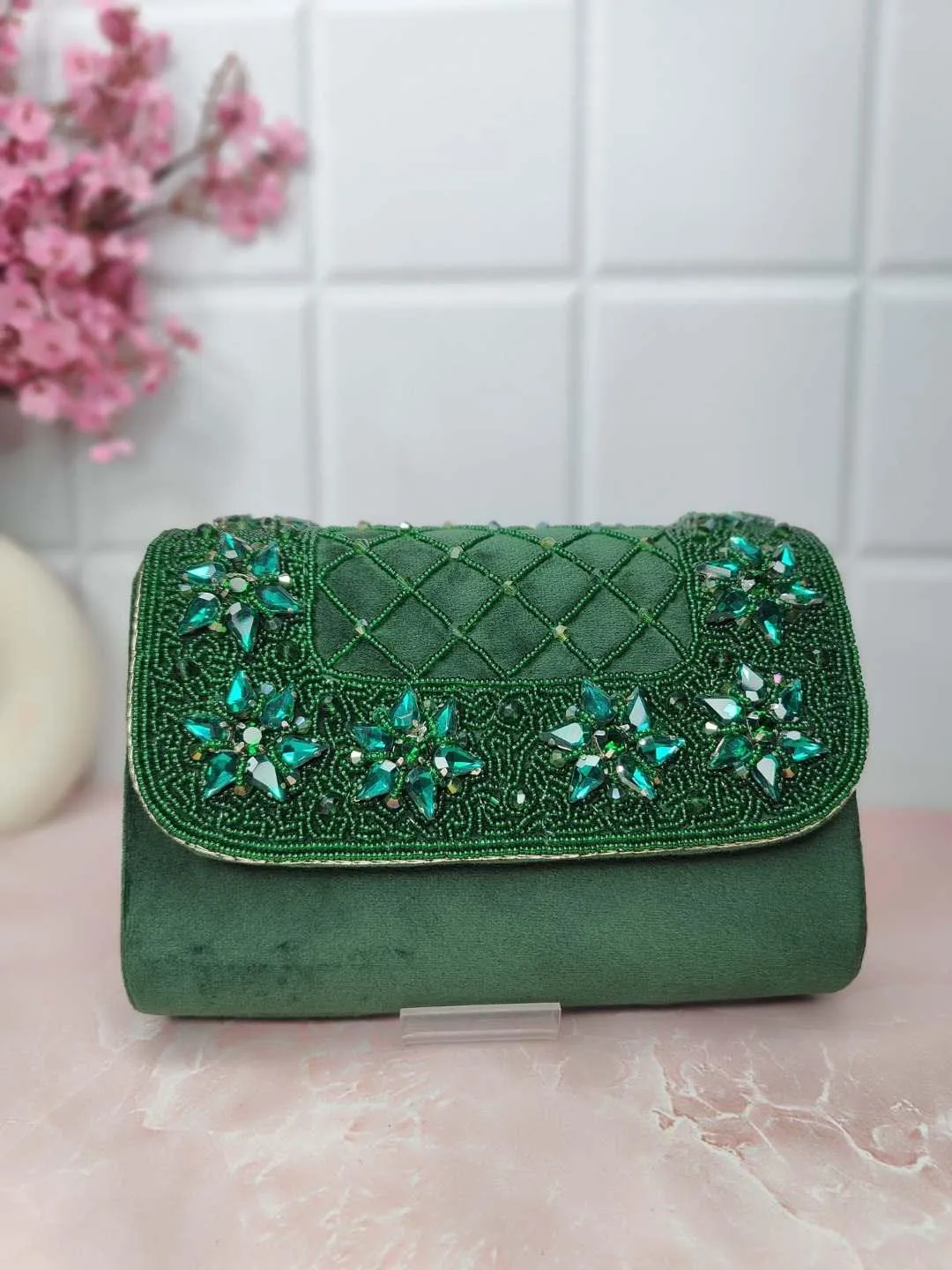 Designer Crystals Stone Seude Fabric Clutch Bag