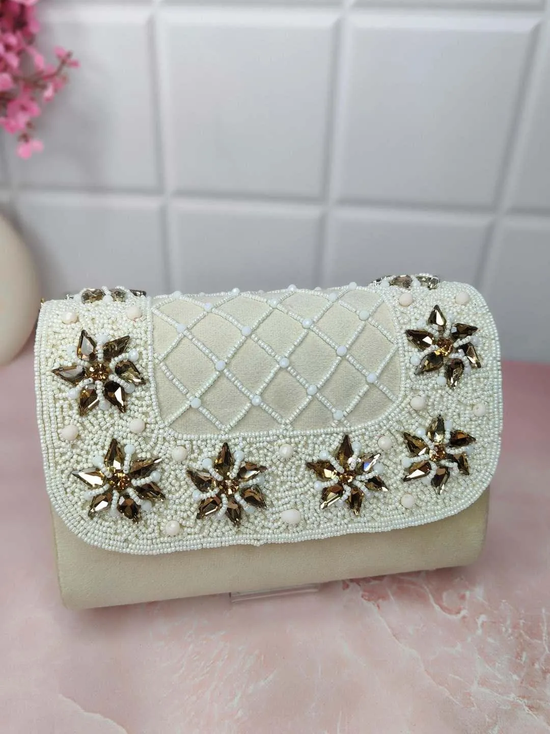 Designer Crystals Stone Seude Fabric Clutch Bag