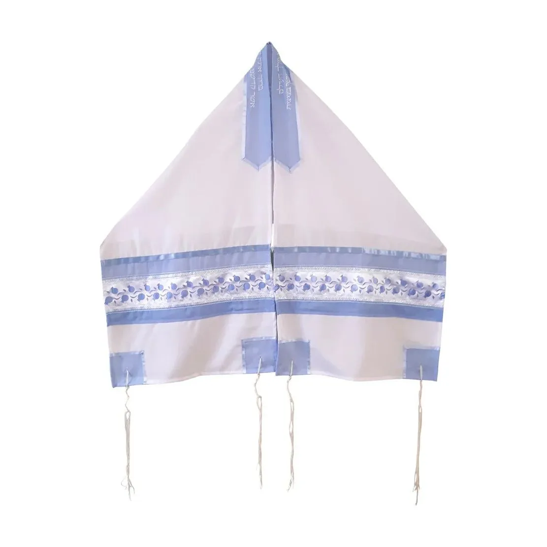 Designer Women's Tallit Tallis Poly Sheer Light Blue Pomegranates Made in Israel By Galilee Silks