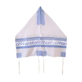 Designer Women's Tallit Tallis Poly Sheer Light Blue Pomegranates Made in Israel By Galilee Silks