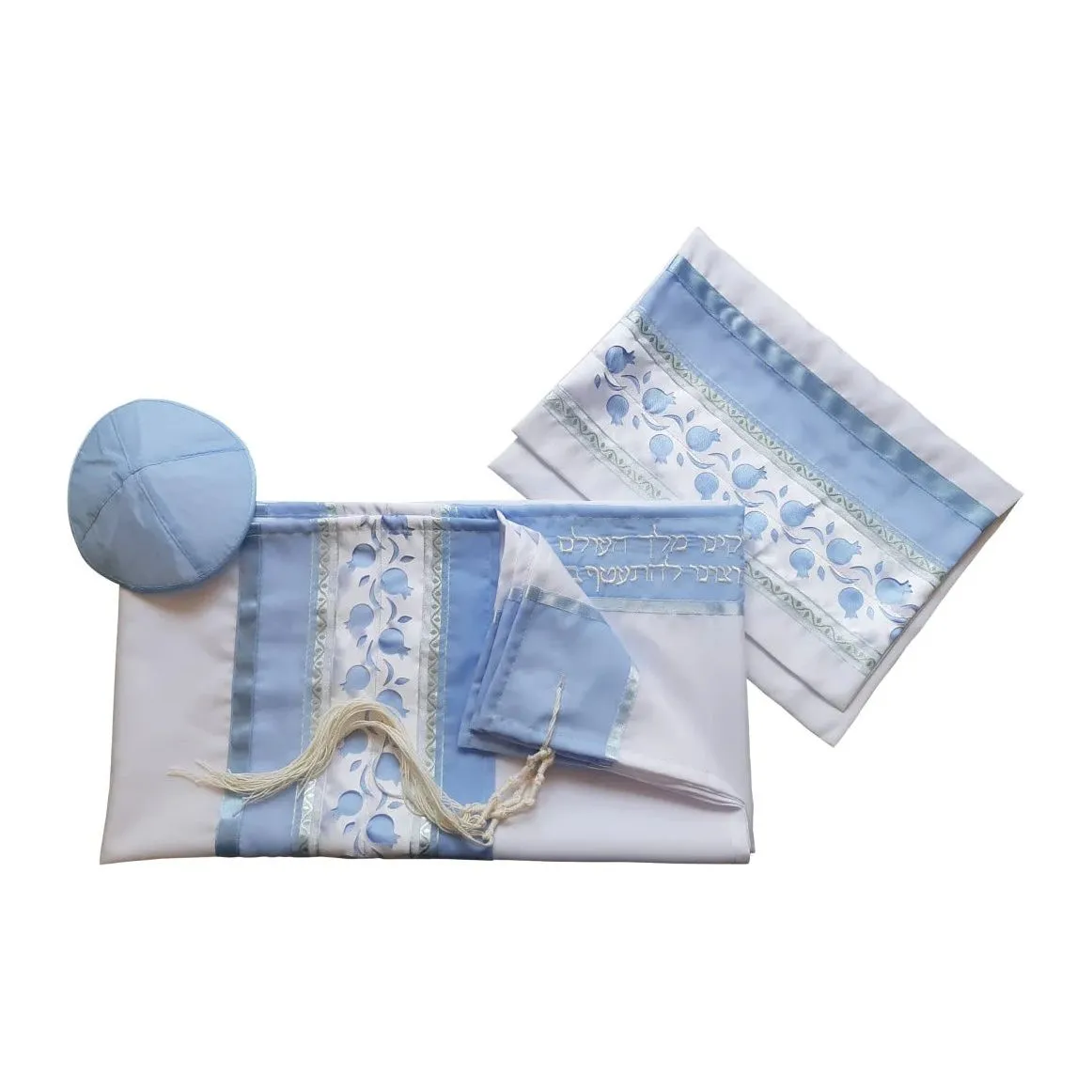 Designer Women's Tallit Tallis Poly Sheer Light Blue Pomegranates Made in Israel By Galilee Silks