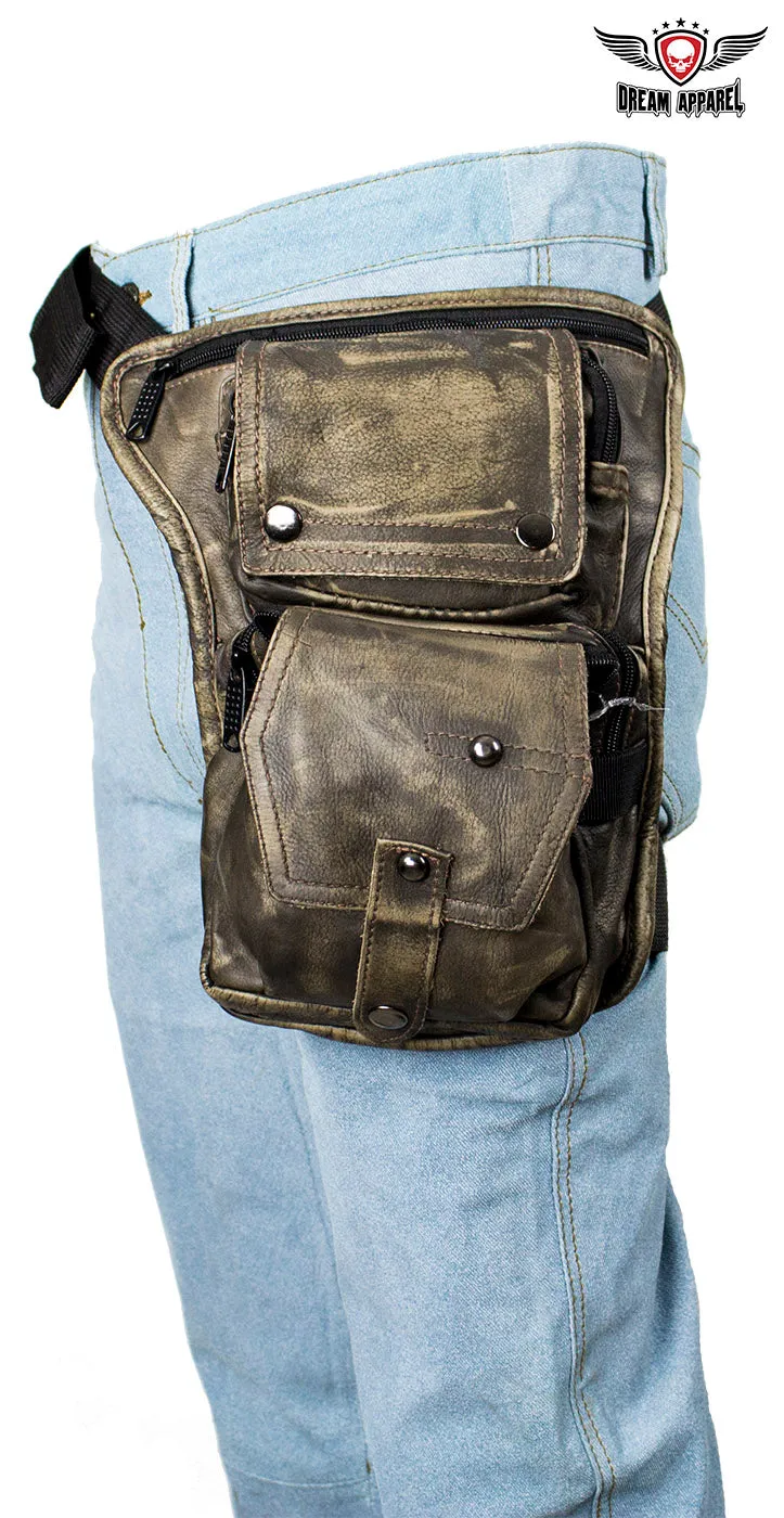 Distressed Brown Leather Multi Pocket Thigh Bags with Gun Pocket