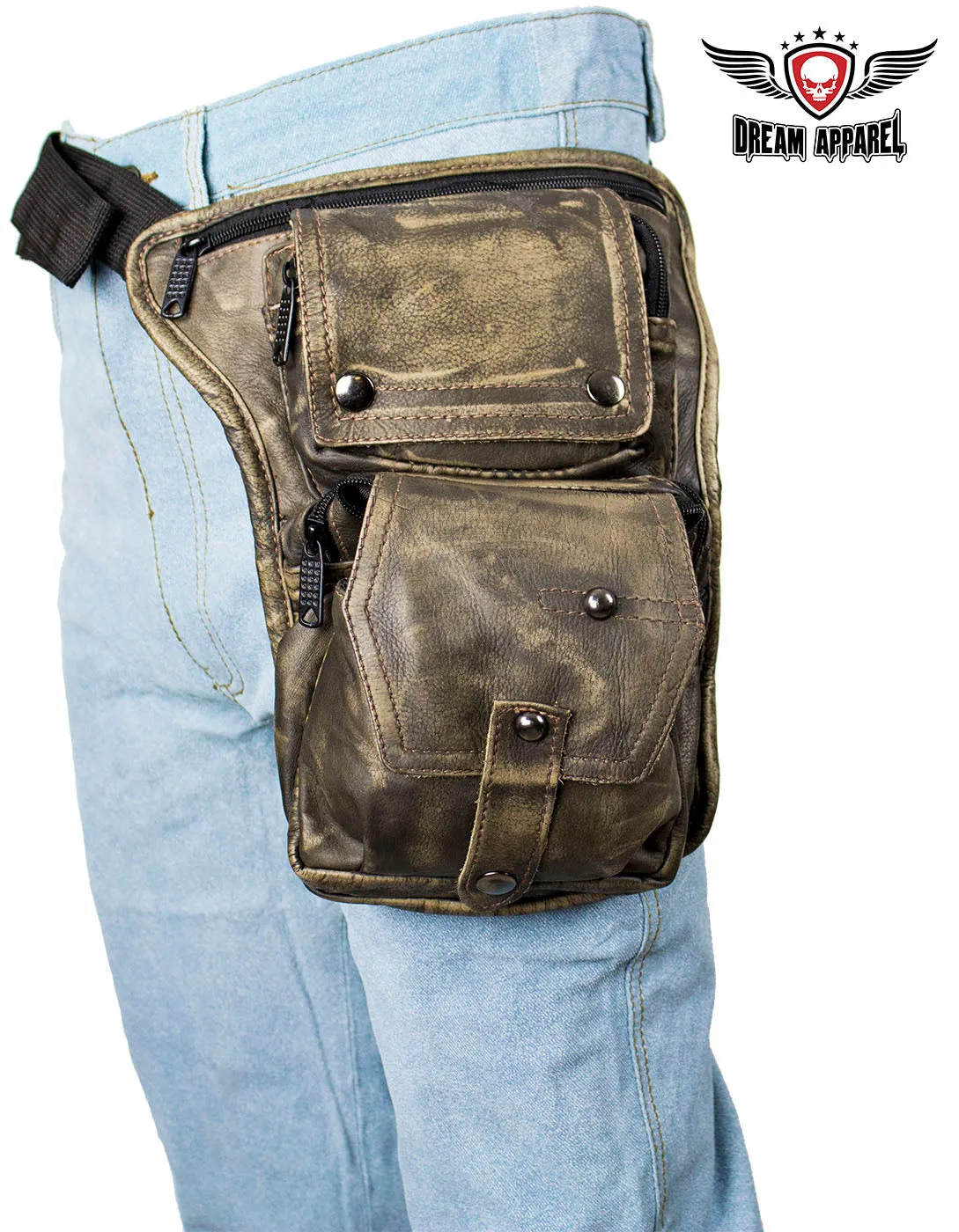 Distressed Brown Leather Multi Pocket Thigh Bags with Gun Pocket