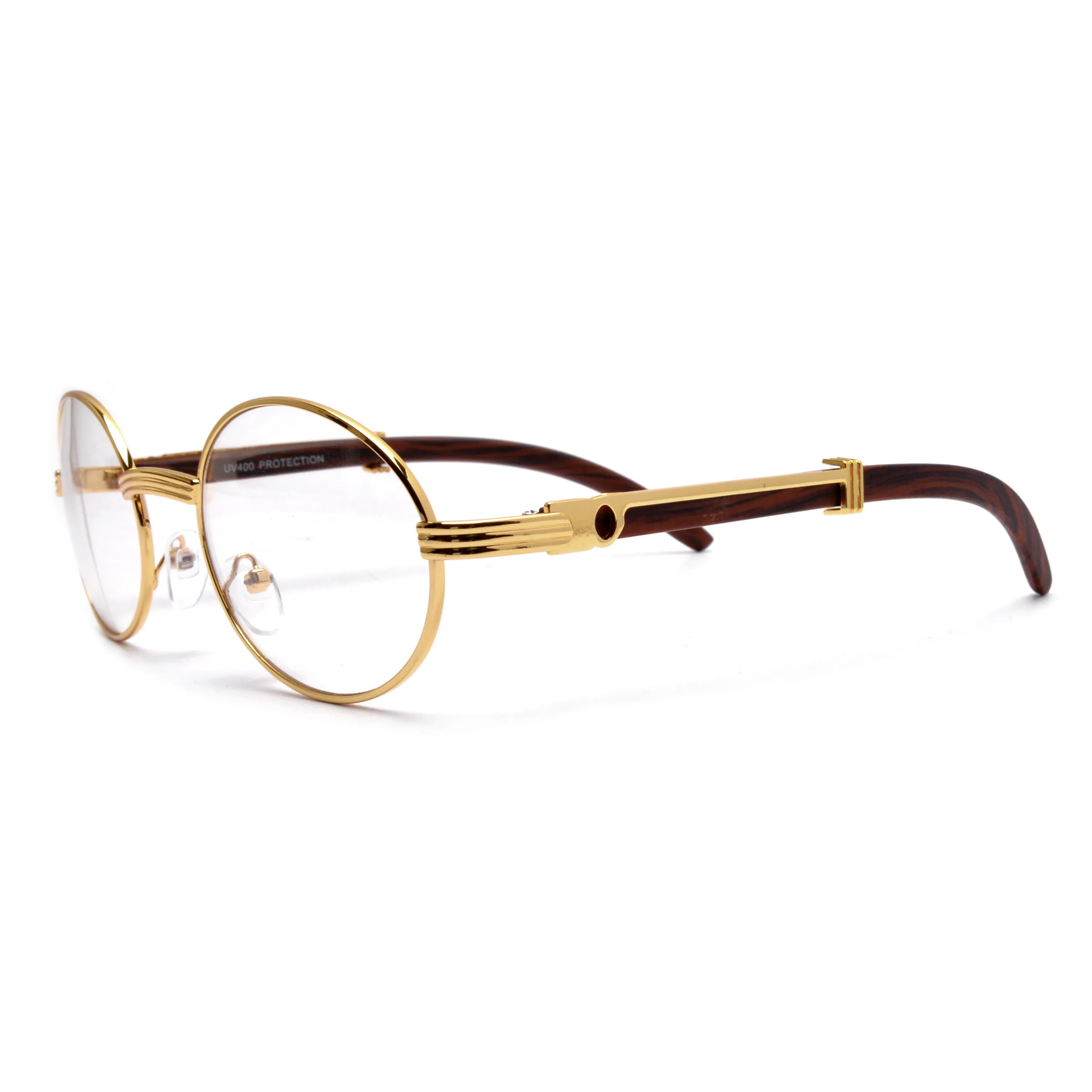 Elaborate Metal Temple Wood Print Round Clear Eyewear