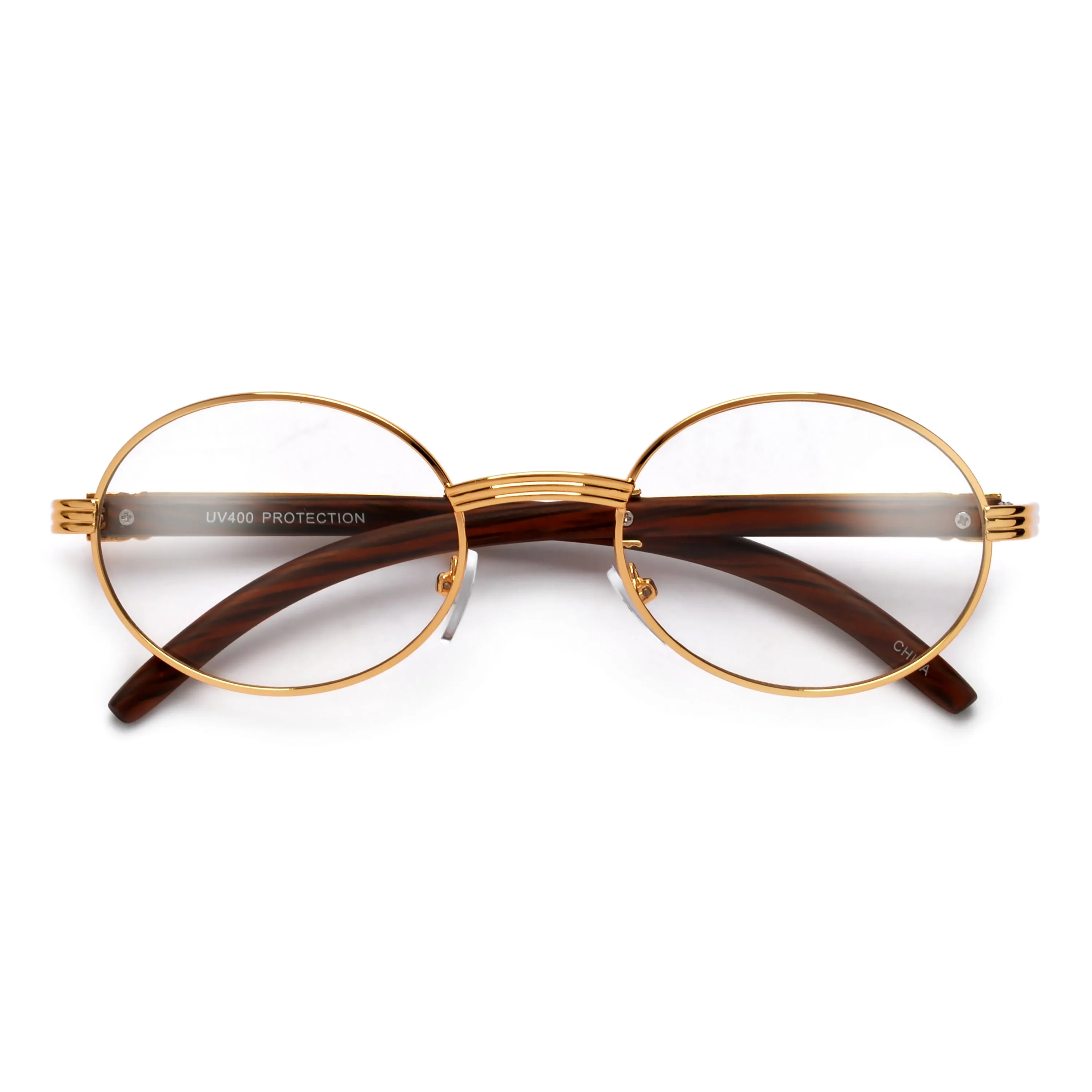 Elaborate Metal Temple Wood Print Round Clear Eyewear