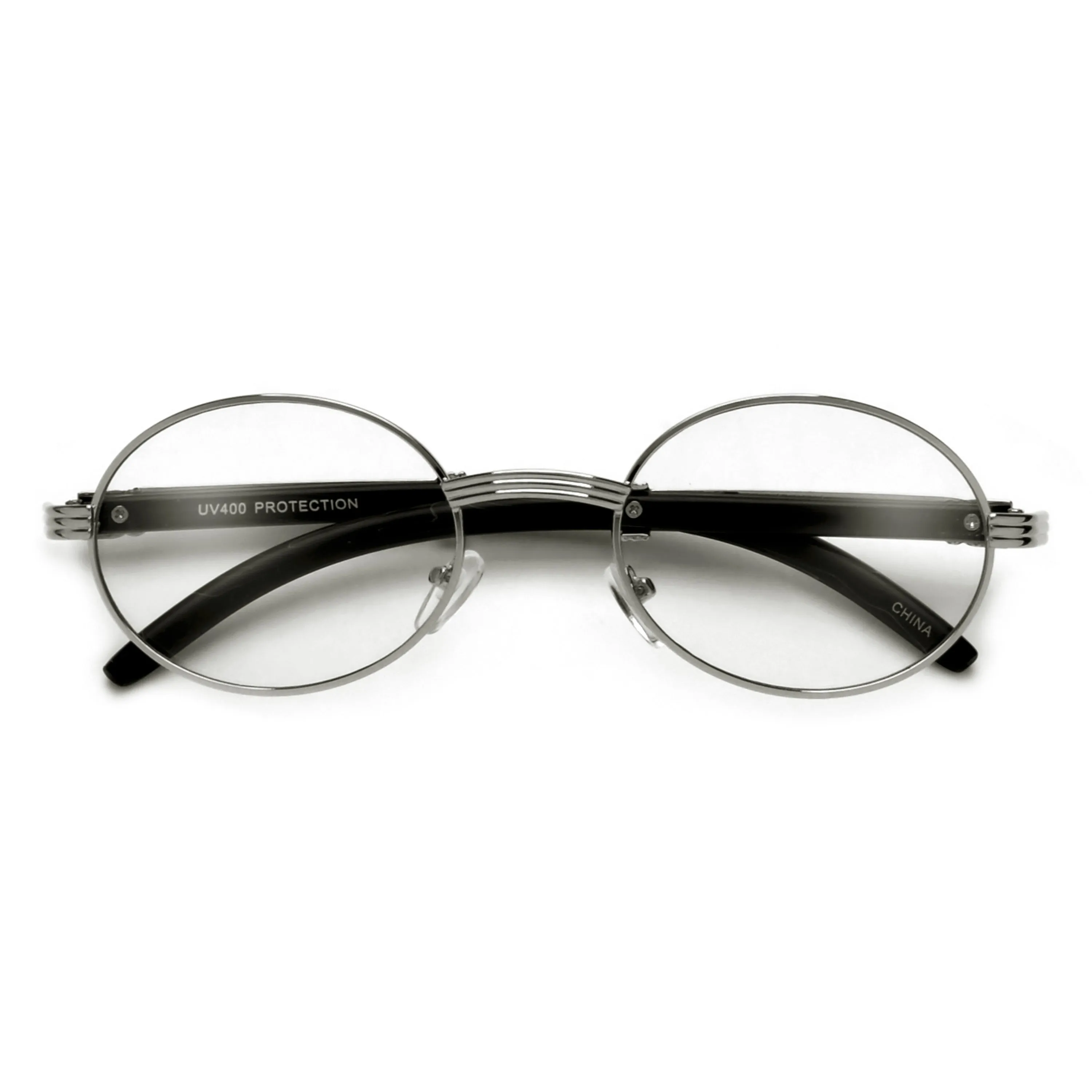 Elaborate Metal Temple Wood Print Round Clear Eyewear