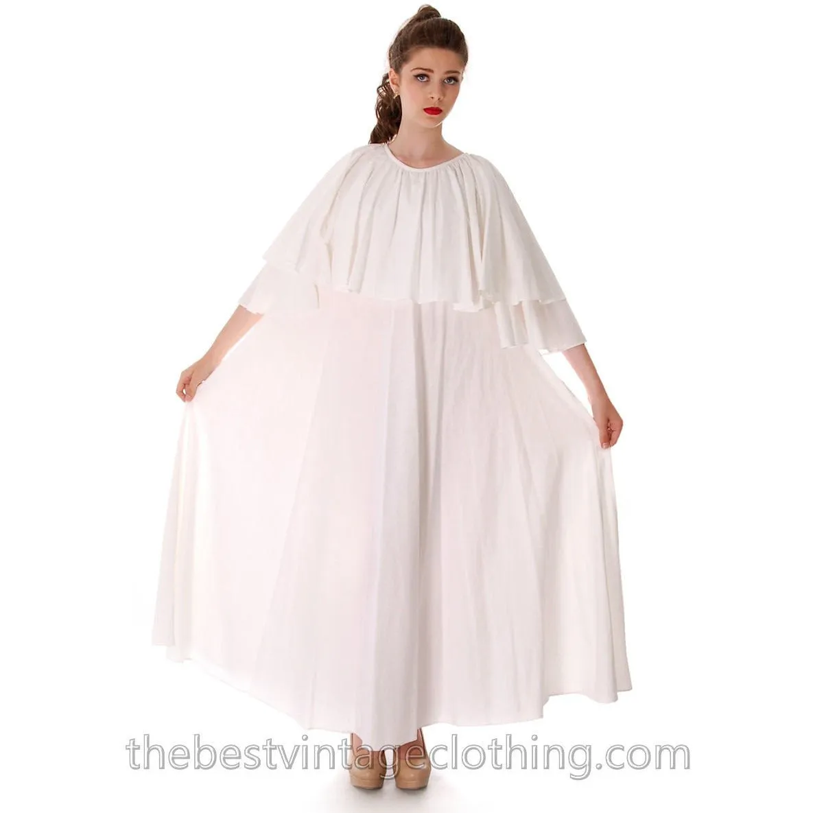 Fab Vintage Vuokko Designer Angel Sleeve Cape Gown White Cotton Wedding Tent Dress W Belt XS