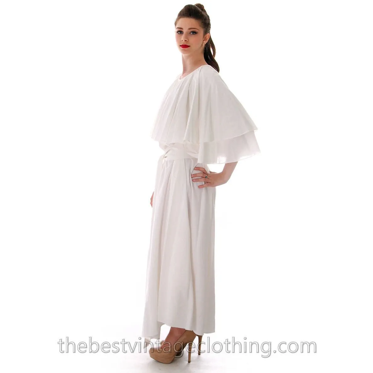 Fab Vintage Vuokko Designer Angel Sleeve Cape Gown White Cotton Wedding Tent Dress W Belt XS