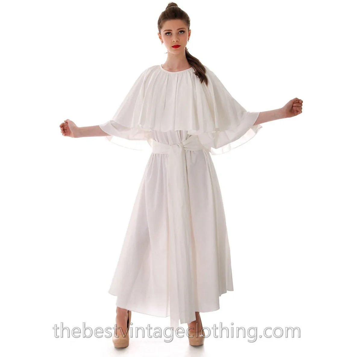 Fab Vintage Vuokko Designer Angel Sleeve Cape Gown White Cotton Wedding Tent Dress W Belt XS