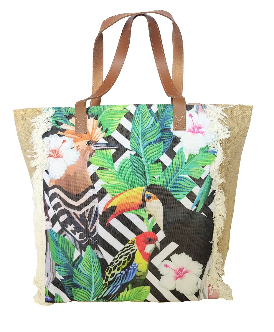 Fashion Accessory. Handbag. Tropical Floral Bird Print Tote Jute Bag and Matching Pouch.