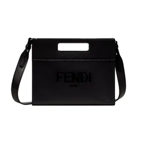 Fendi Logo 2-Way Smooth Black Leather Small Tote Bag