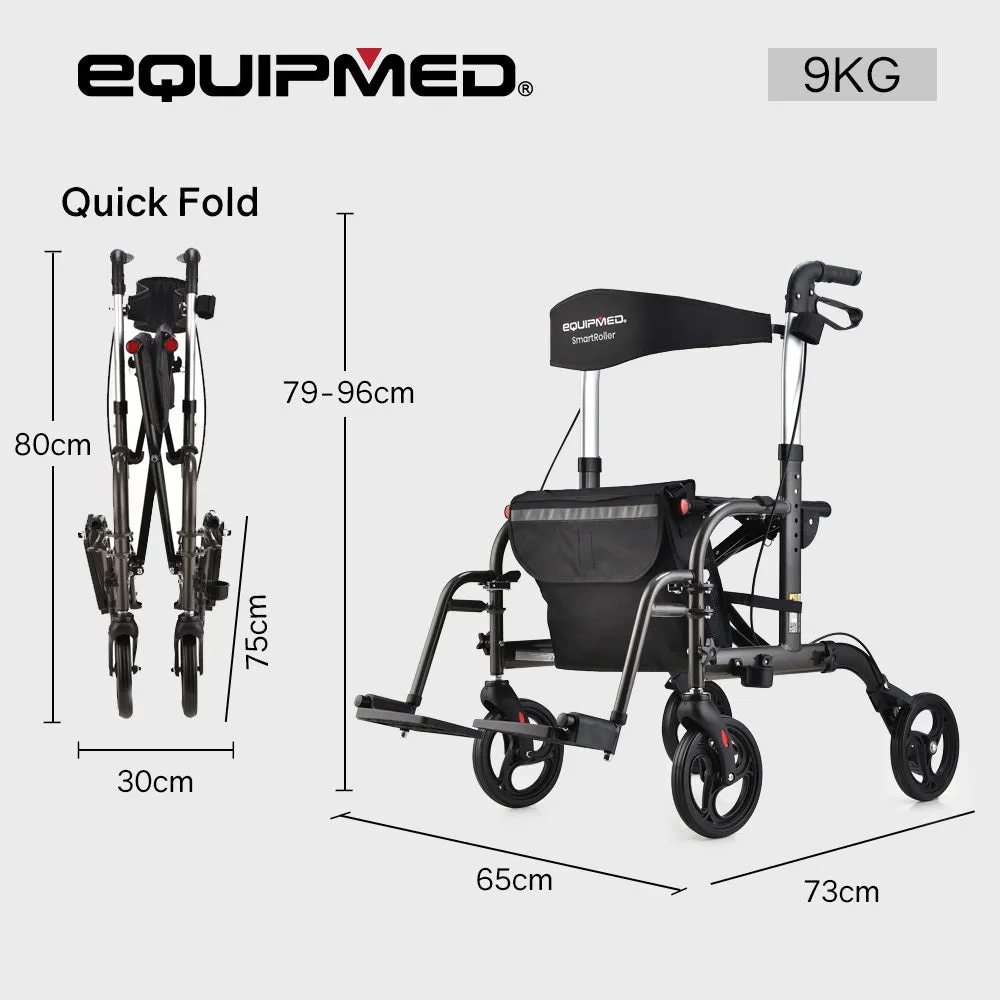 Foldable Aluminium Rollator & Transit Wheelchair, 135kg Capacity - Equipmed