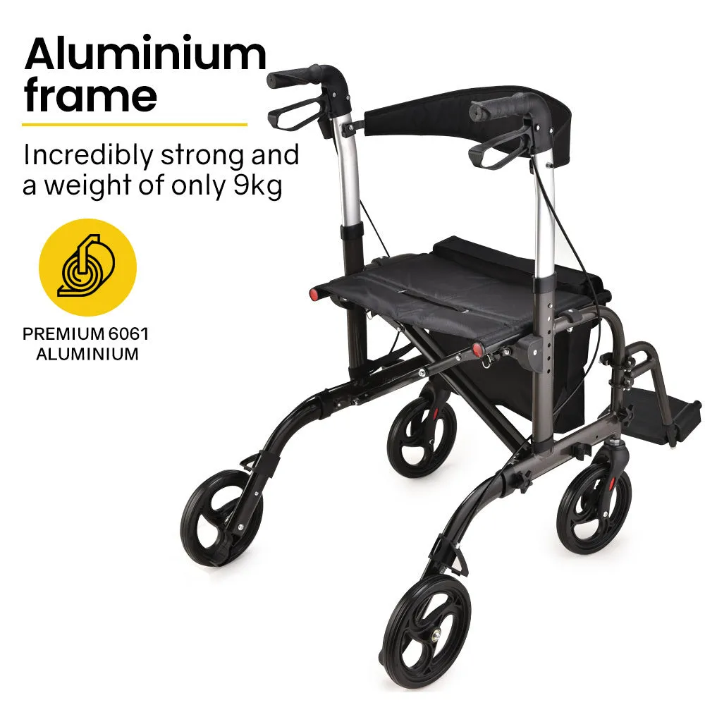 Foldable Aluminium Rollator & Transit Wheelchair, 135kg Capacity - Equipmed