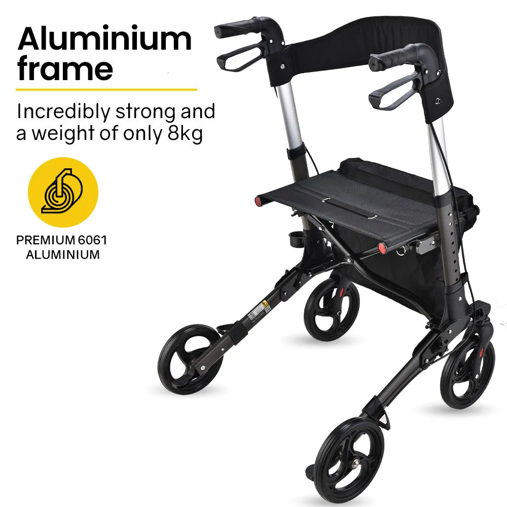 Foldable Aluminium Rollator with Bag & Seat, Dual Brakes - Equipmed