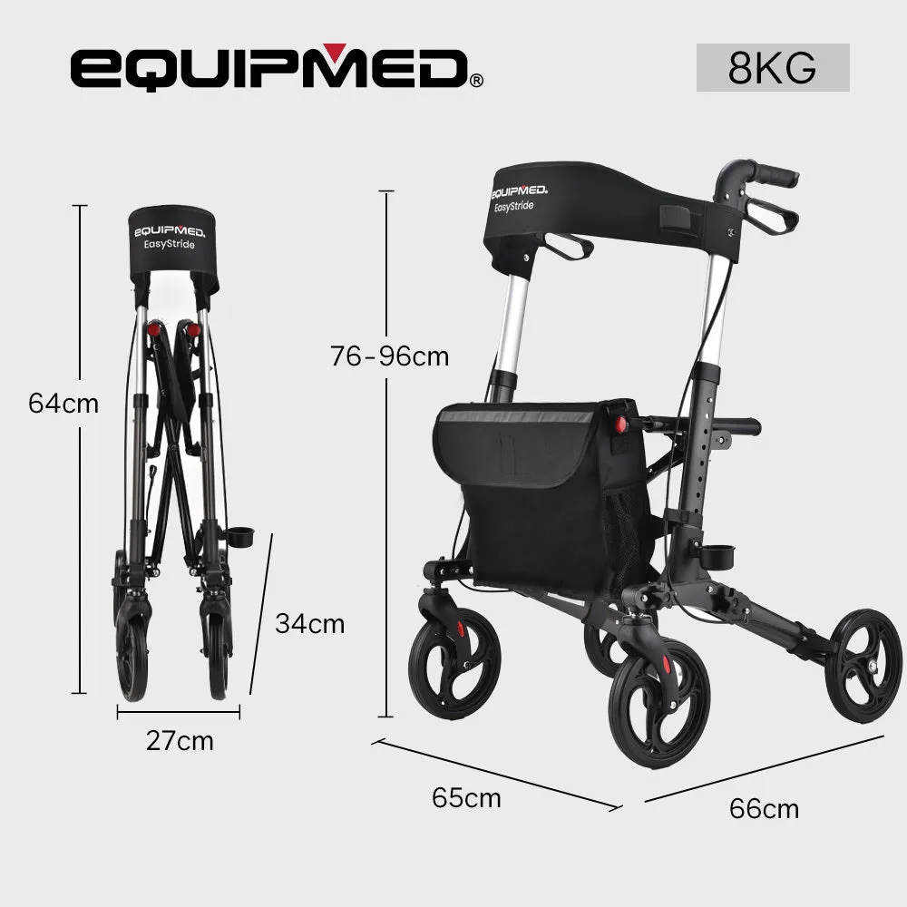 Foldable Aluminium Rollator with Bag & Seat, Dual Brakes - Equipmed