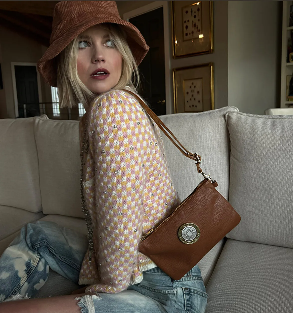 French Kande Brown Crossbody Purse with Silver Medallion