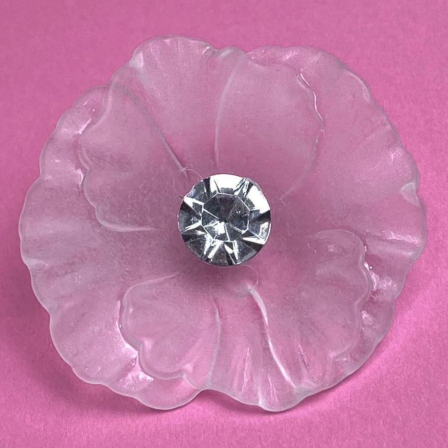 Frosted Acrylic Large Flower, Vintage Rhinestone-Center Buttons 1-5/8" #KB-804