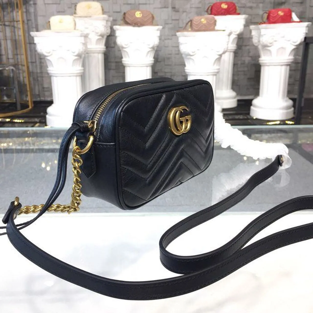 gg Marmont Matelassé Mini Bag Black Matelassé Chevron For Women 7in/18cm gg 448065 DTD1T 1000