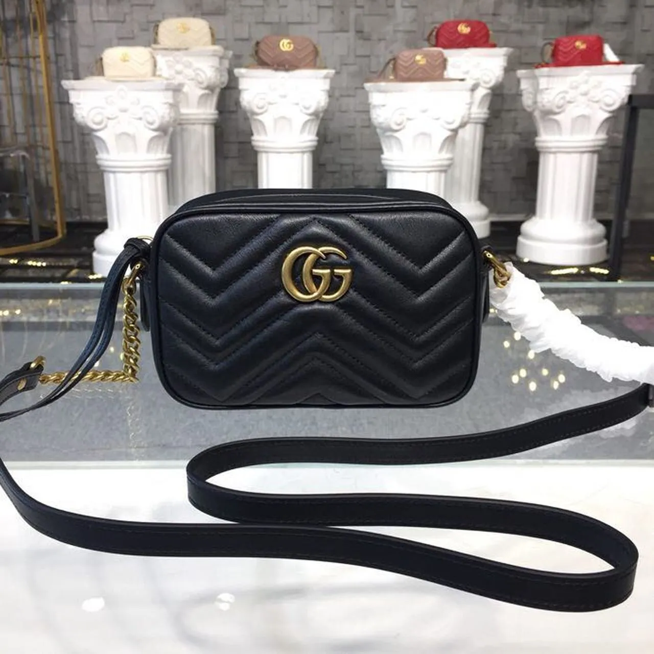 gg Marmont Matelassé Mini Bag Black Matelassé Chevron For Women 7in/18cm gg 448065 DTD1T 1000