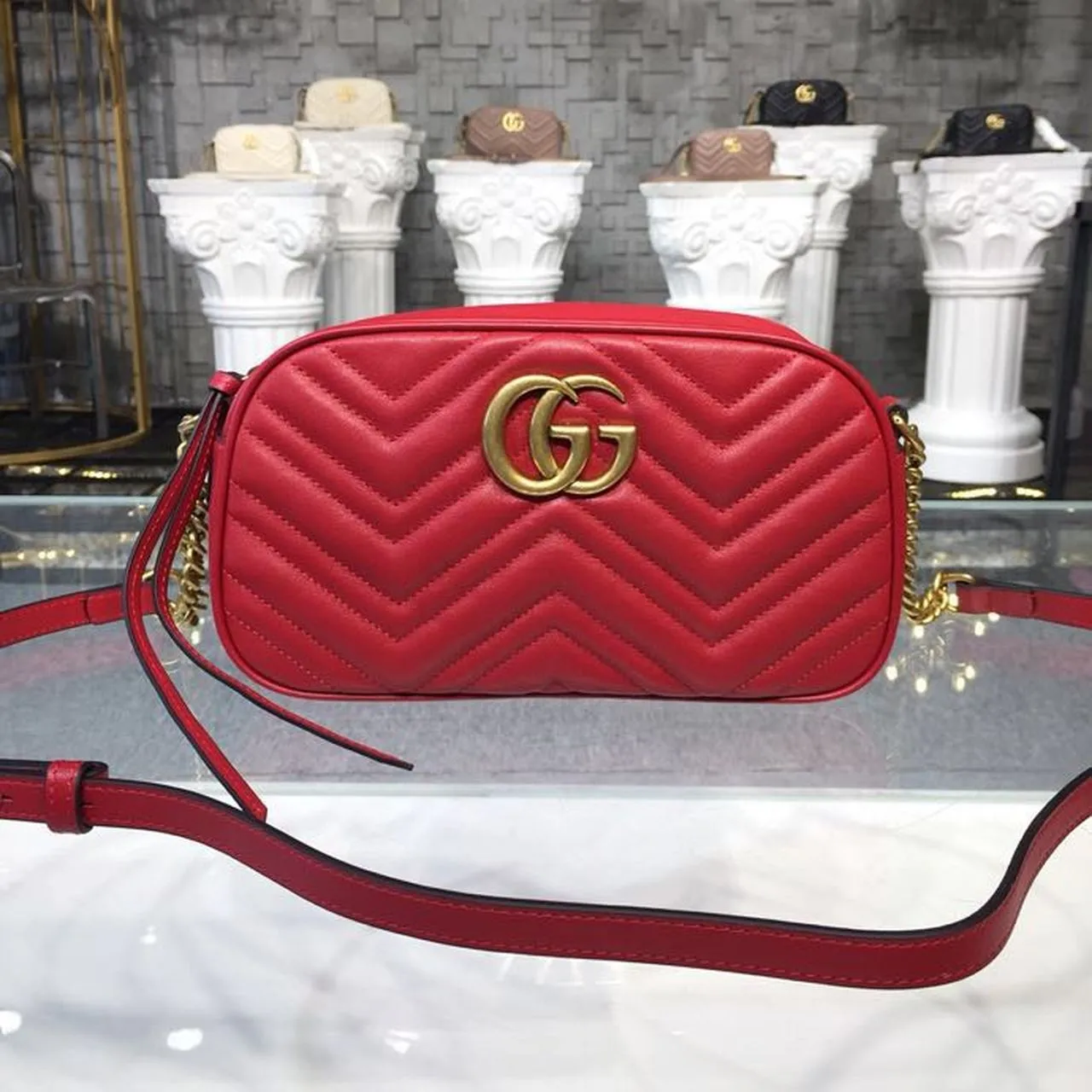 gg Marmont Small Matelassé Shoulder Bag Hibiscus Red Matelassé Chevron For Women 9.5in/24cm gg 447632 DTD1T 6433