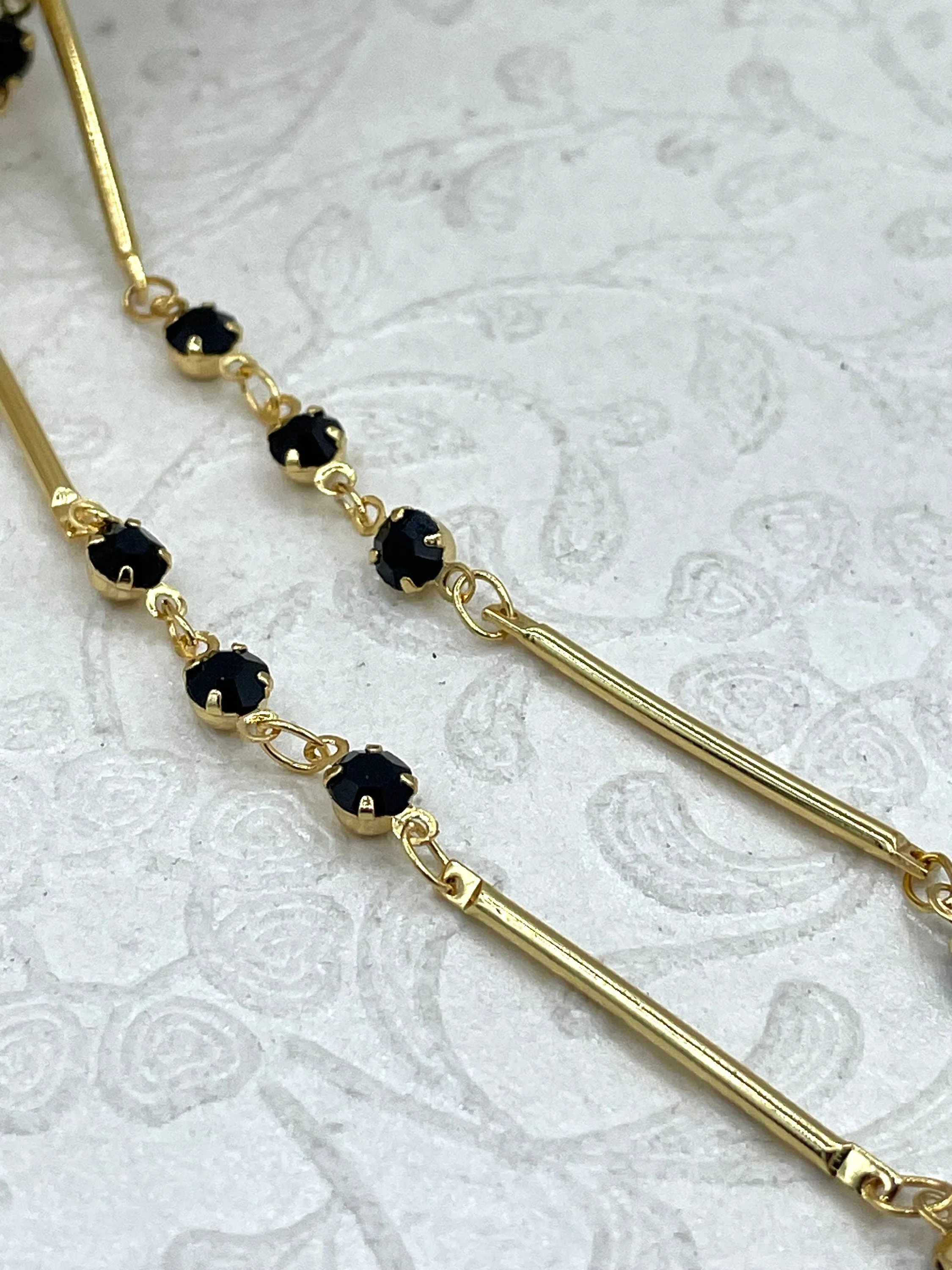 Gold Bar and Black Crystal Chain, Dainty Gold Plated Chain, 18K Gold Plated Brass, Black Crystals and Gold Bars, Sold By the Foot, Fast Ship