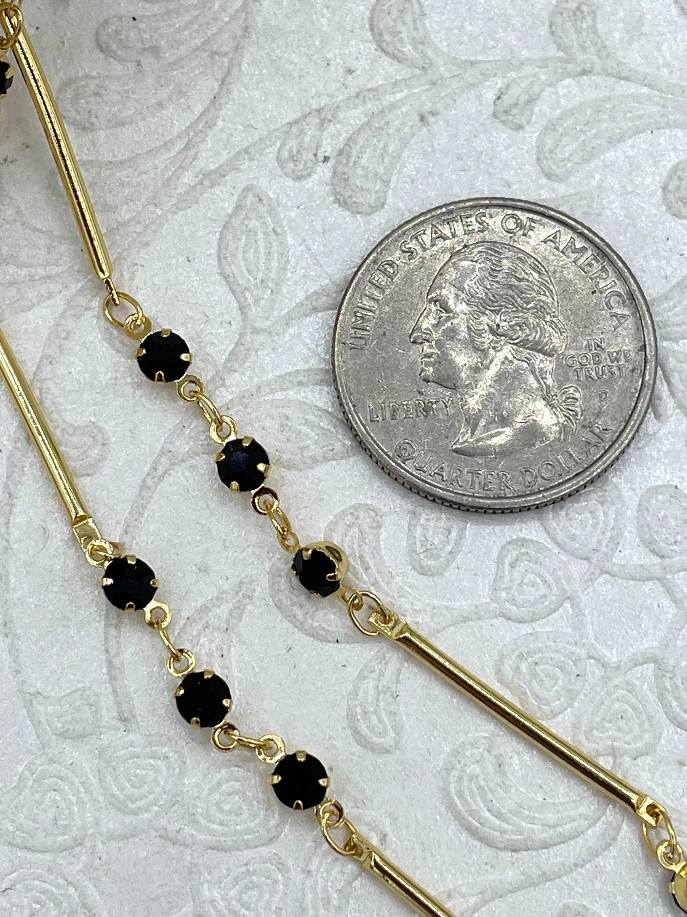 Gold Bar and Black Crystal Chain, Dainty Gold Plated Chain, 18K Gold Plated Brass, Black Crystals and Gold Bars, Sold By the Foot, Fast Ship