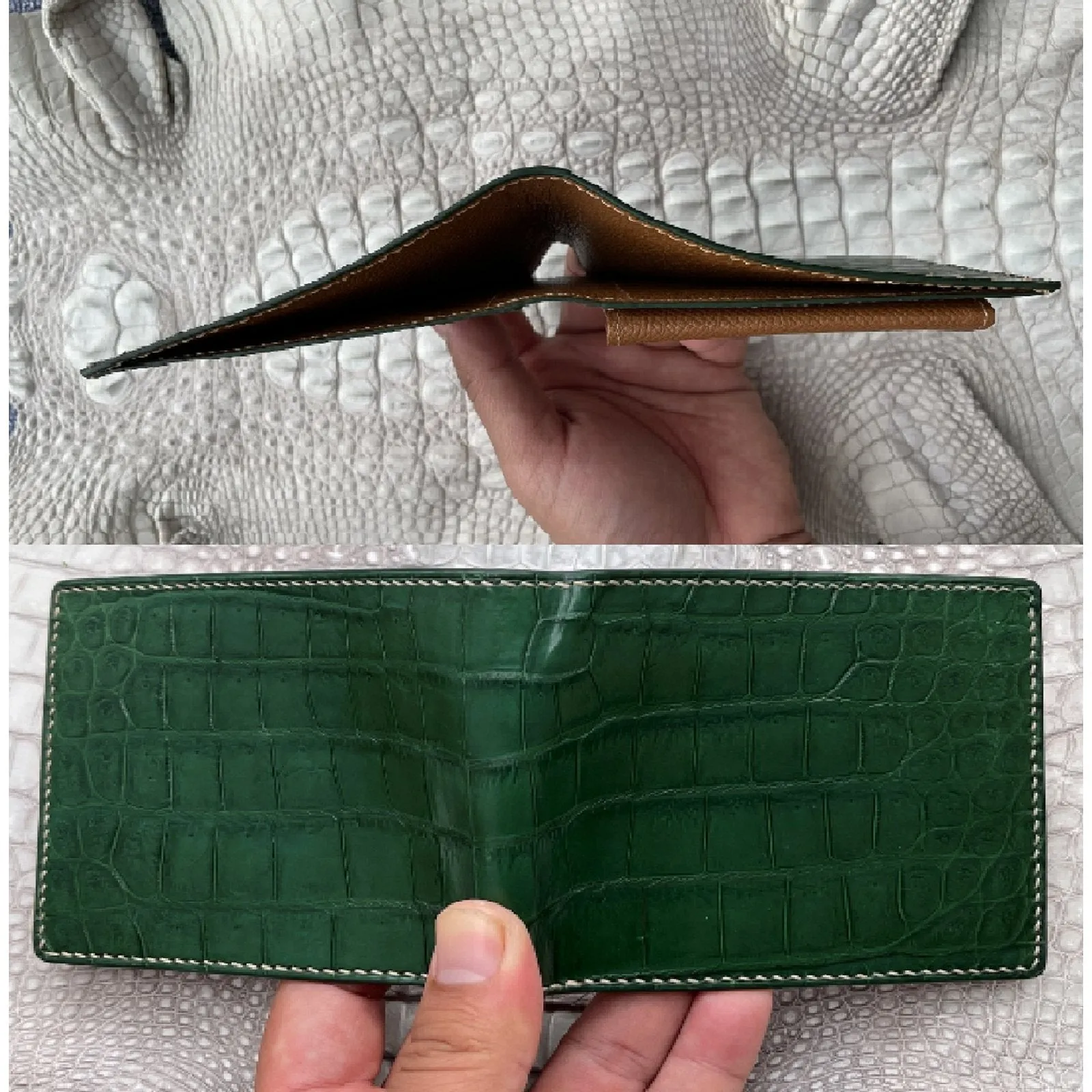 Hand Stitching Green Alligator Bifold Wallet with Coin Pocket | Slim Leather Wallet RFID Blocking | VINAM-91