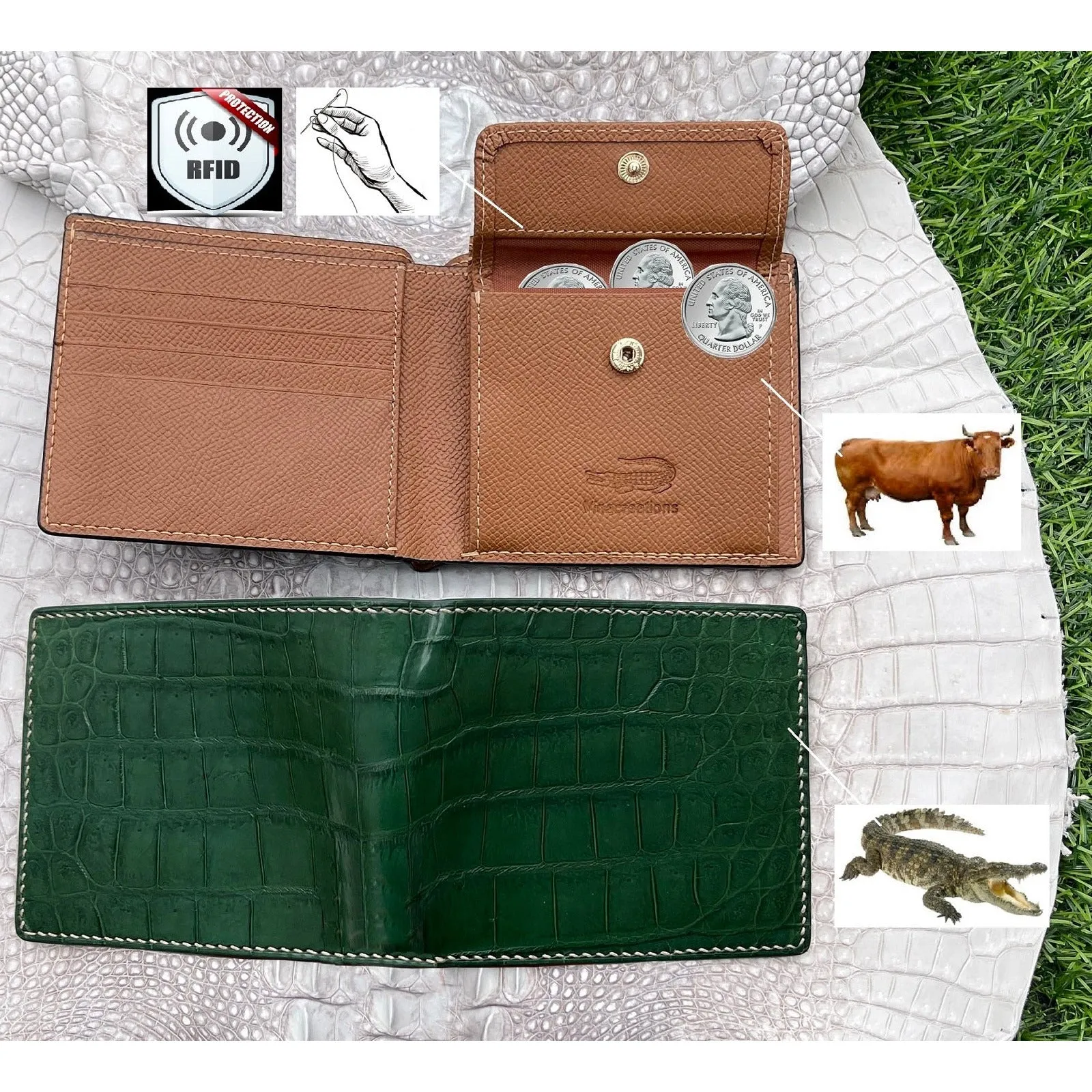 Hand Stitching Green Alligator Bifold Wallet with Coin Pocket | Slim Leather Wallet RFID Blocking | VINAM-91