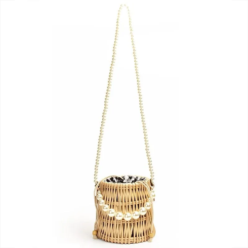 Hand-woven Natural Plant Willow Straw Bag Rattan Pearl Bucket Crossbody