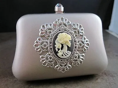 Handmade Matte Silver Metal Lolita Day Of The Dead Minaudiere With Chain