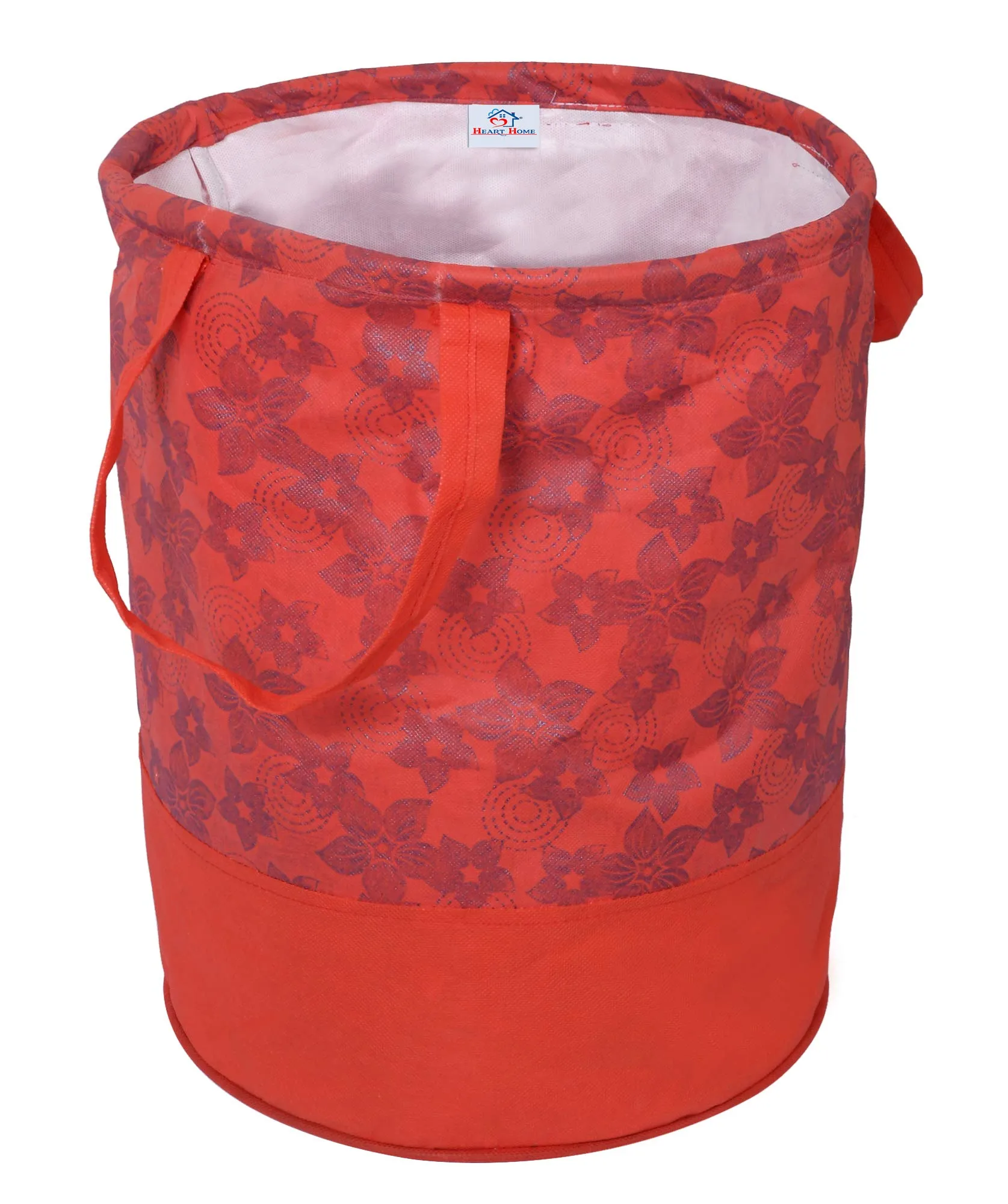 Heart Home Laundry Organiser with Handles|Metalic Flower Print & Foldable|Size 37 x 37 x 47 CM, Capicty 45 LTR (Red)-HEART12054