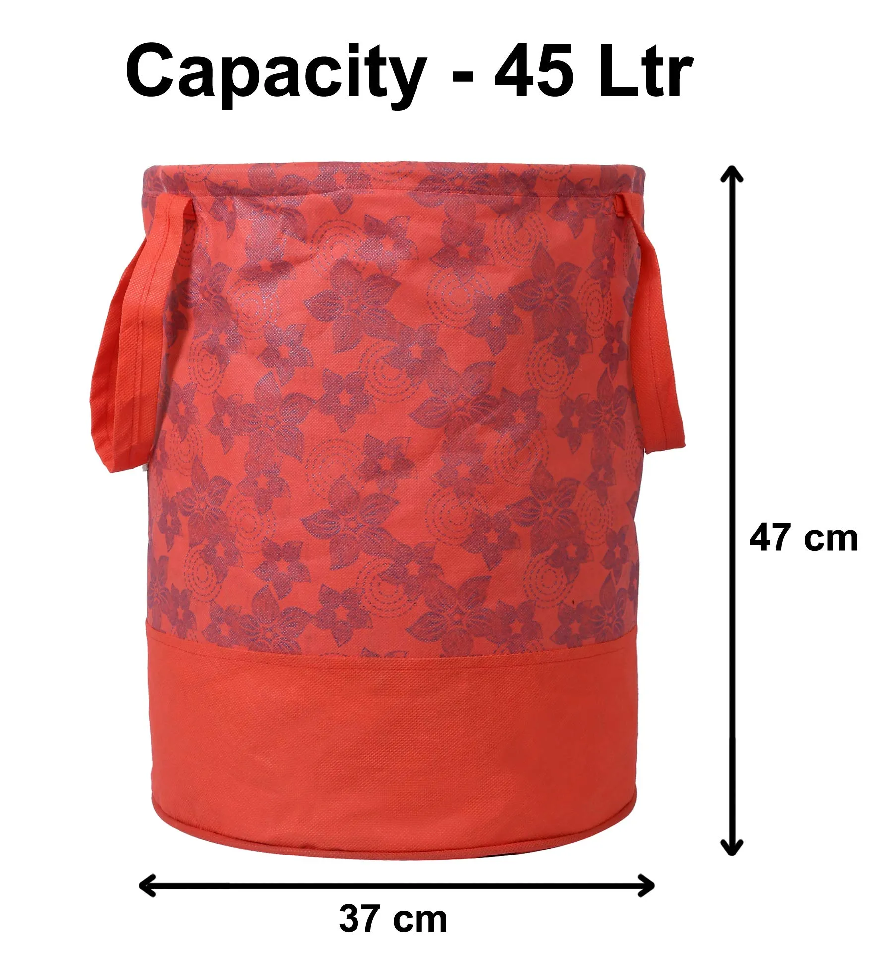 Heart Home Laundry Organiser with Handles|Metalic Flower Print & Foldable|Size 37 x 37 x 47 CM, Capicty 45 LTR (Red)-HEART12054