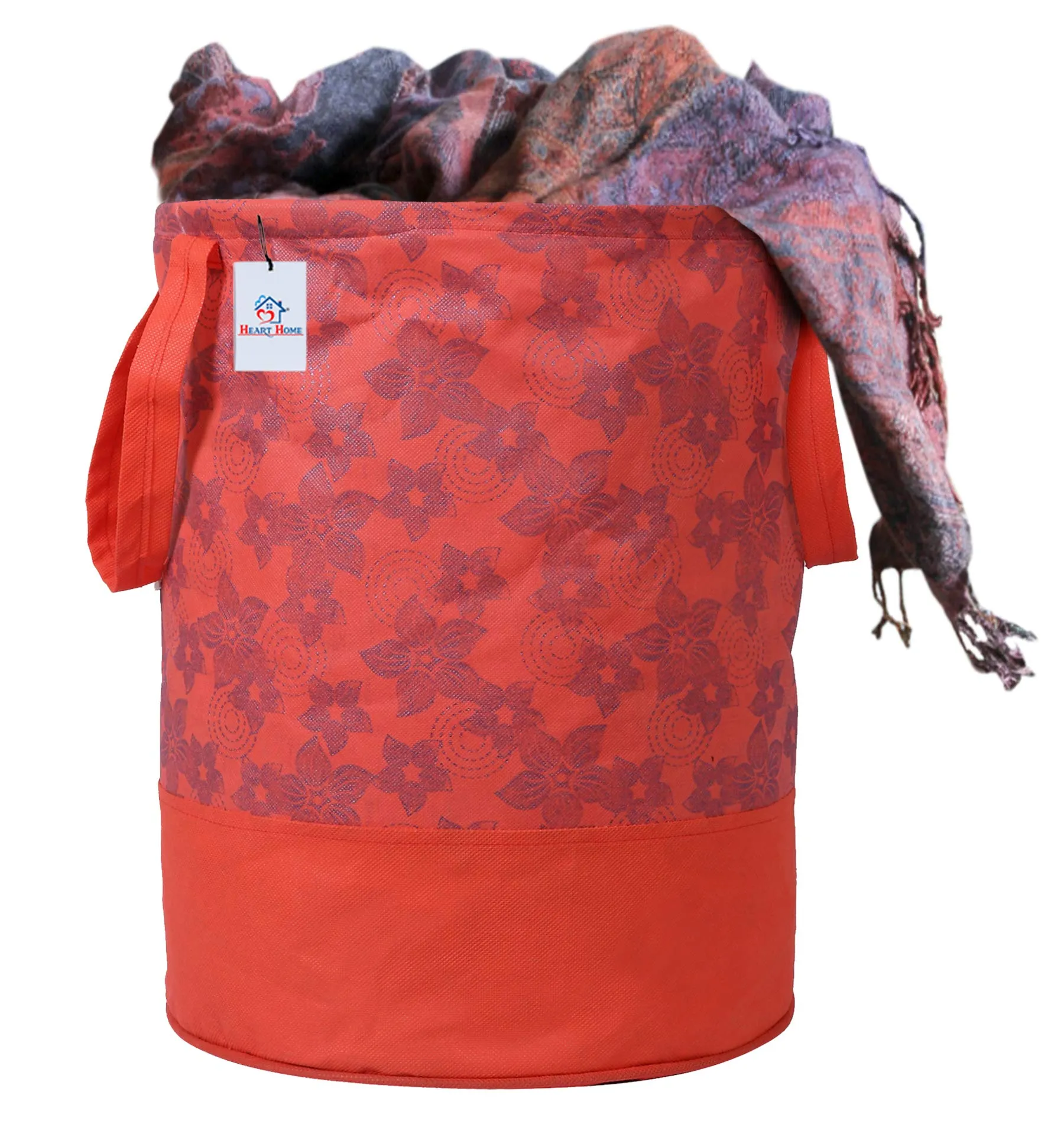 Heart Home Laundry Organiser with Handles|Metalic Flower Print & Foldable|Size 37 x 37 x 47 CM, Capicty 45 LTR (Red)-HEART12054