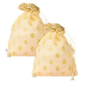 Heart Home Potli | Banarasi Silk with White Golden Line | Wallet Potli | Traditional Indian Drawstring Bags for Wedding | Shagun | Pack of 2 | Cream