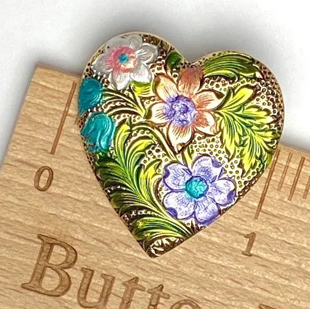 Heart w. Handpainted Flowers Metal Shank Back Button, 1" by Susan Clarke  #SC-120