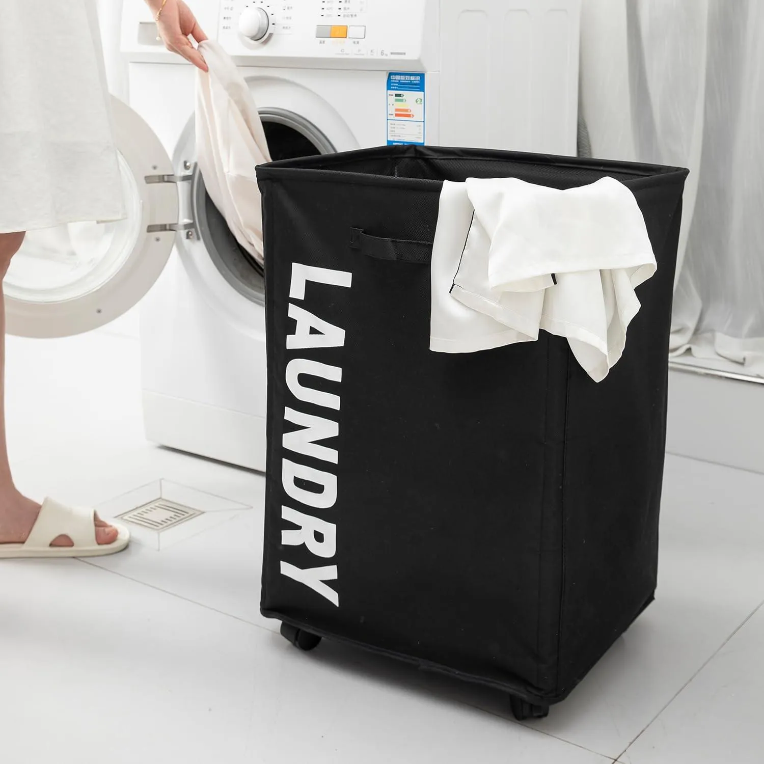 HOKIPO Foldable Laundry Hamper with Wheels, Black