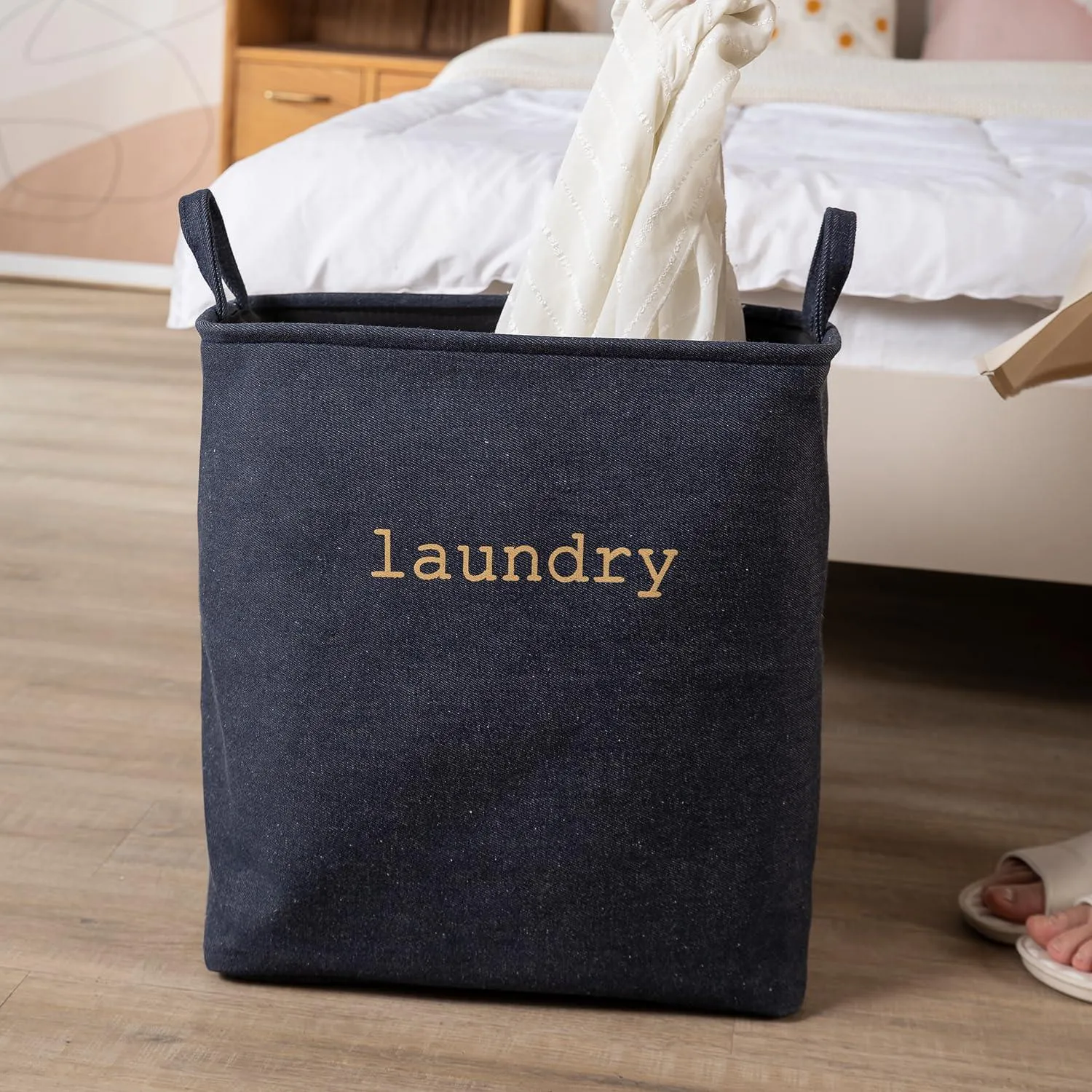 HOKIPO Laundry Basket Clothes Hamper, Denim Basket With Handles,Small / Large - Blue