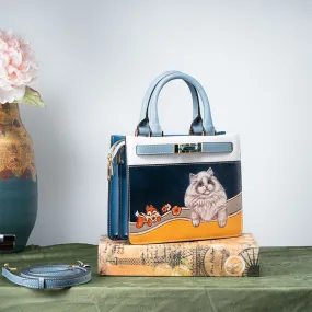 Intricately Carved Leather Satchel Bag Adorned with Cute Cat