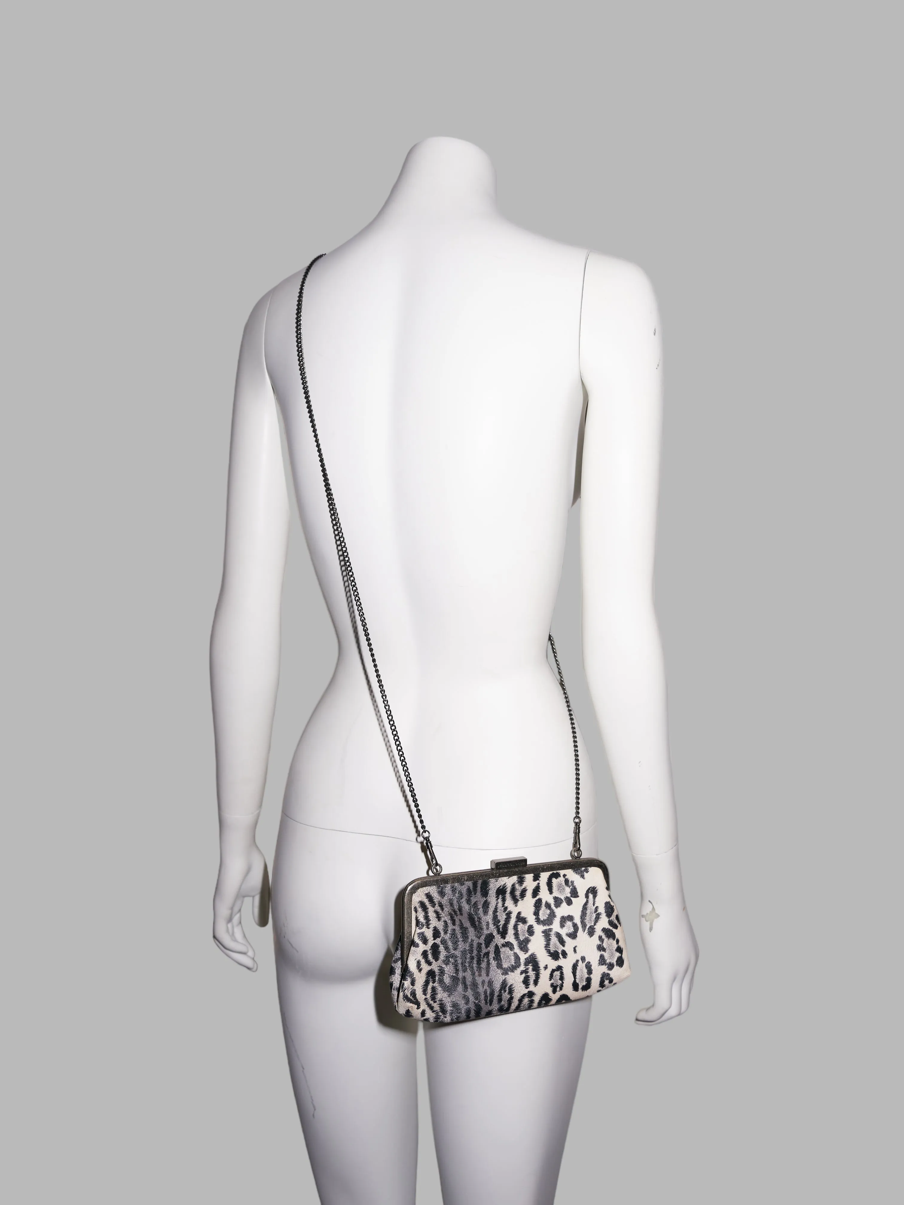 Jean Colonna 1990s small white and black vinyl leopard print chain strap party bag