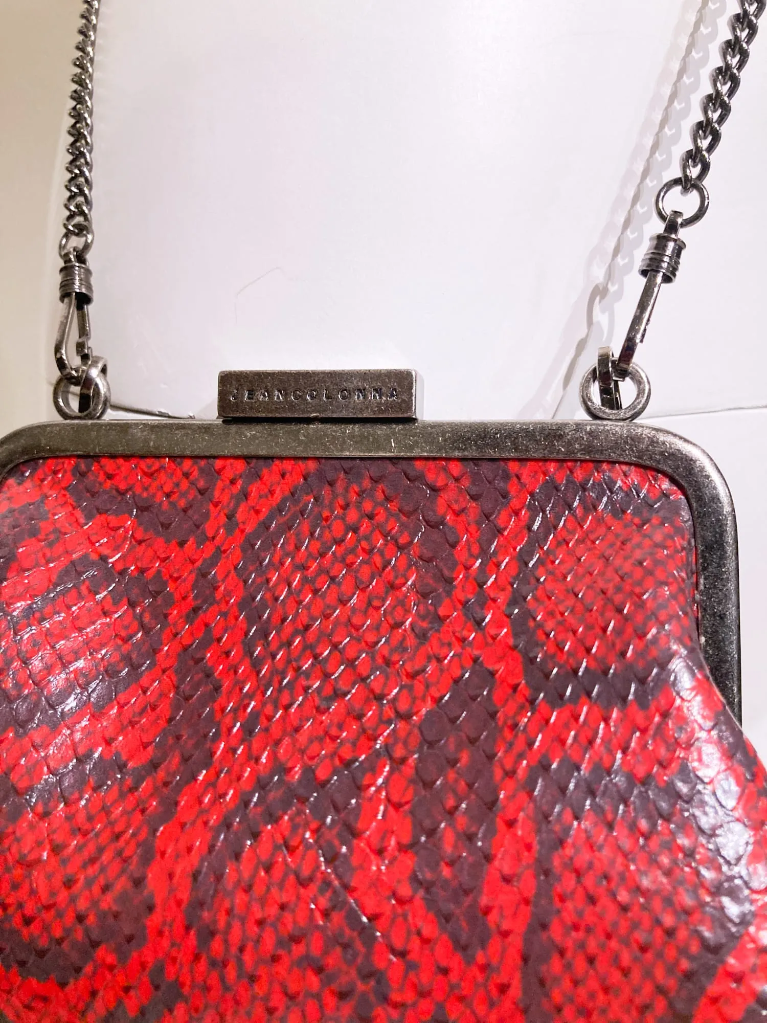 Jean Colonna 1990s tiny red embossed vinyl snakeskin pattern chain strap party bag