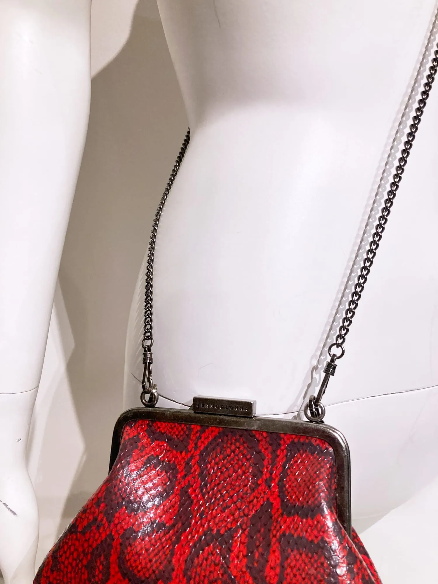 Jean Colonna 1990s tiny red embossed vinyl snakeskin pattern chain strap party bag