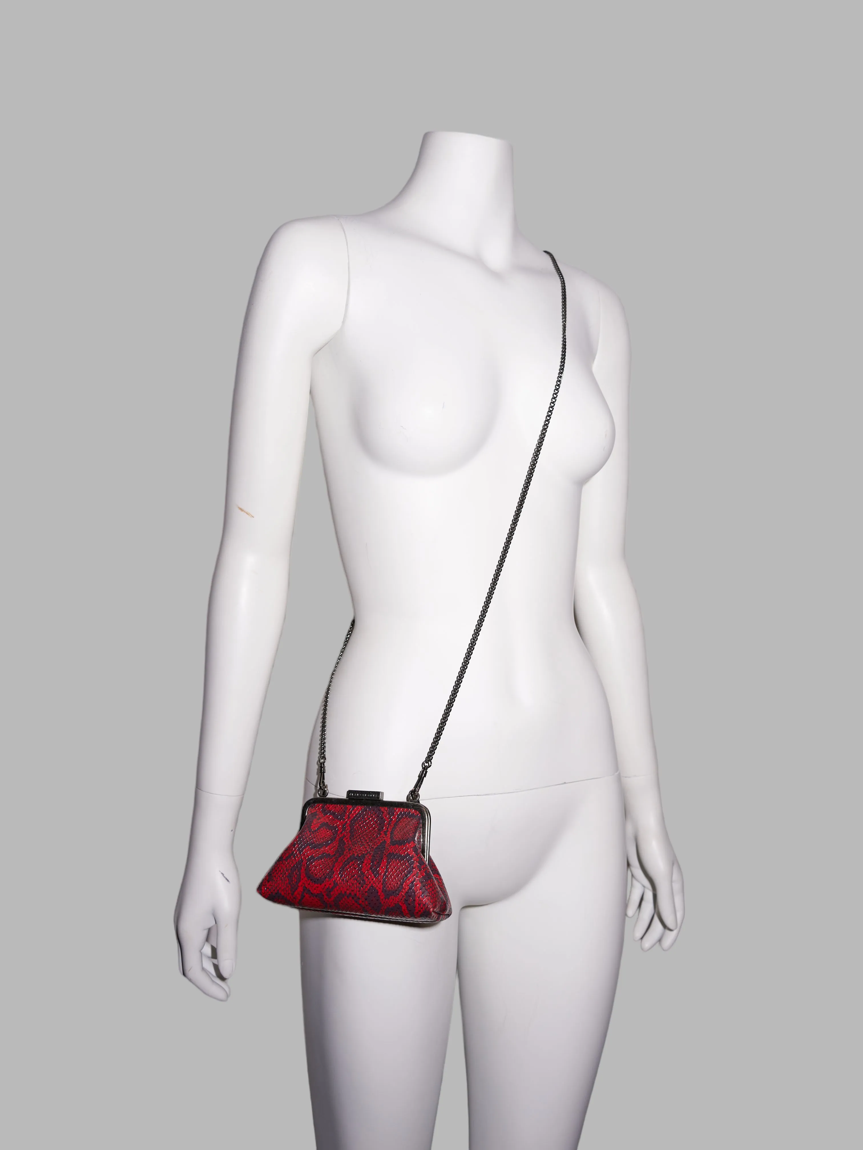 Jean Colonna 1990s tiny red embossed vinyl snakeskin pattern chain strap party bag