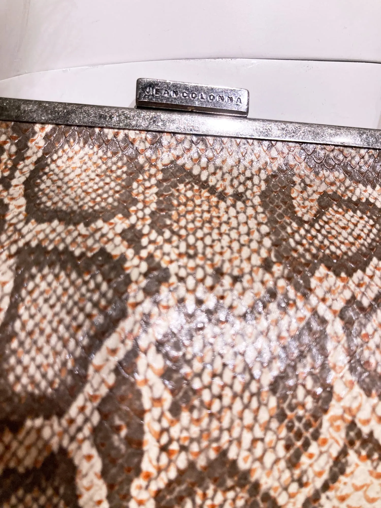 Jean Colonna small brown embossed vinyl snakeskin pattern chain strap party bag