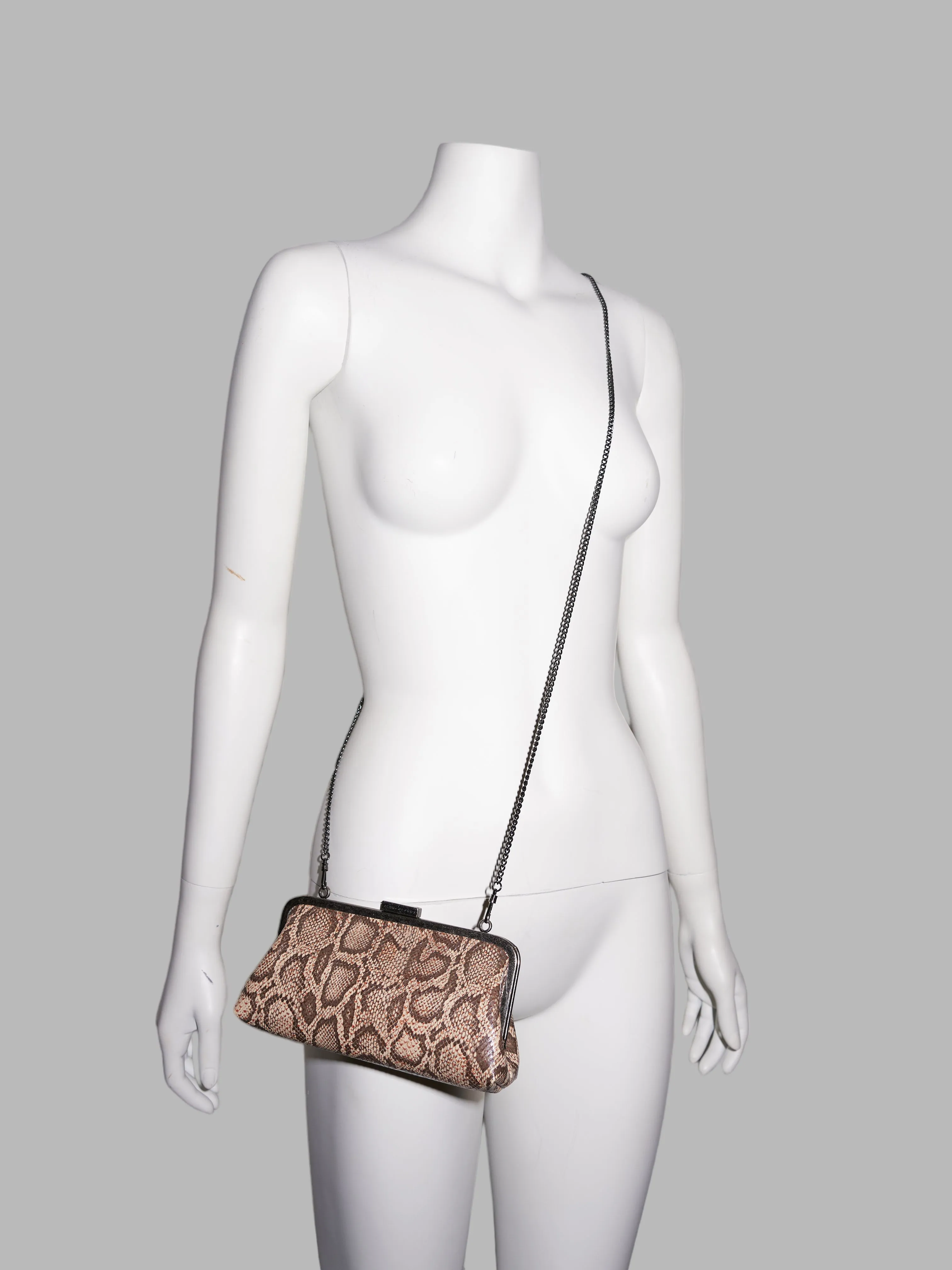 Jean Colonna small brown embossed vinyl snakeskin pattern chain strap party bag