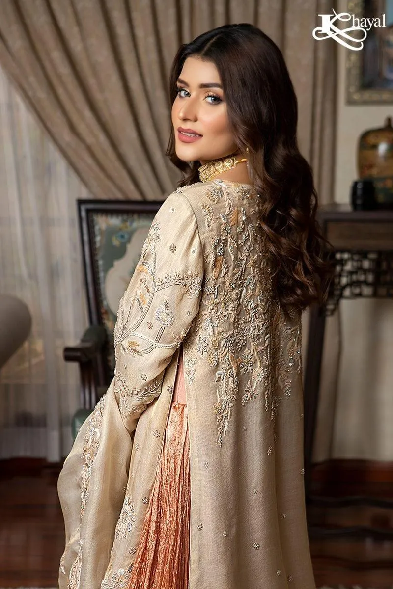 Khayal BY SHAISTA HASSAN - Champaign Front Open Coat with Peach Crinkle Lehanga - 3 Piece