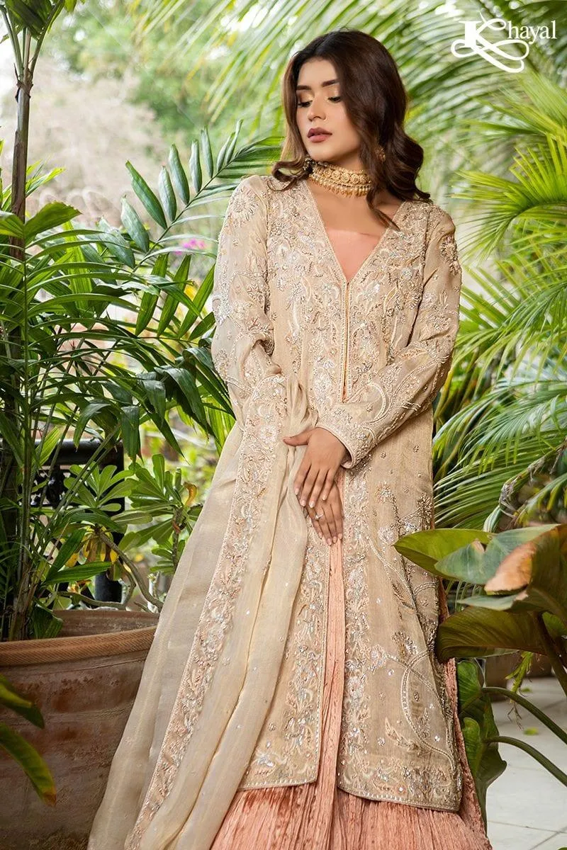 Khayal BY SHAISTA HASSAN - Champaign Front Open Coat with Peach Crinkle Lehanga - 3 Piece