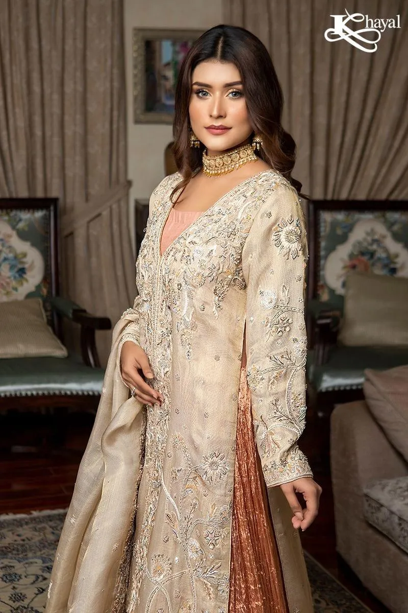 Khayal BY SHAISTA HASSAN - Champaign Front Open Coat with Peach Crinkle Lehanga - 3 Piece