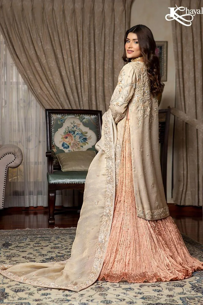 Khayal BY SHAISTA HASSAN - Champaign Front Open Coat with Peach Crinkle Lehanga - 3 Piece