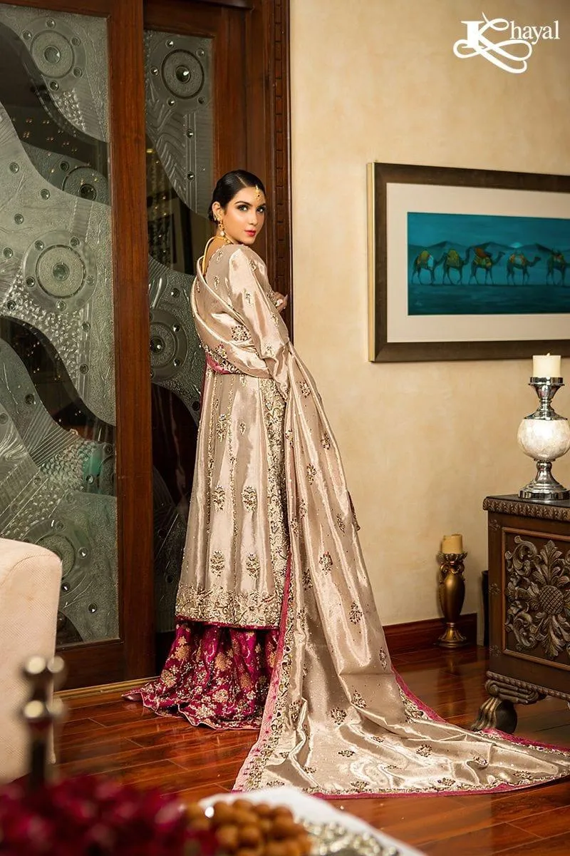 Khayal BY SHAISTA HASSAN - Champaign with Magenta Gharara - 3 Piece