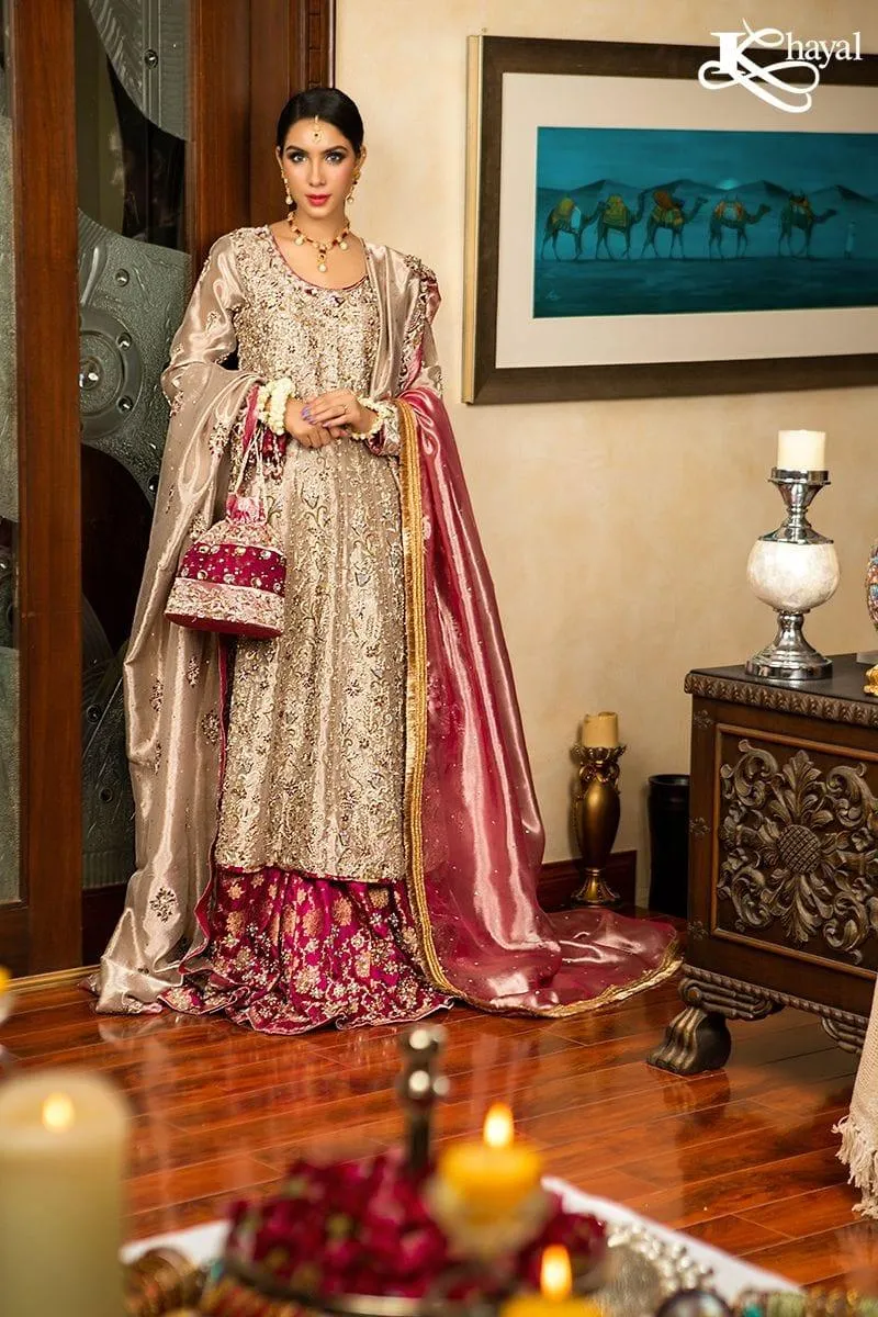 Khayal BY SHAISTA HASSAN - Champaign with Magenta Gharara - 3 Piece